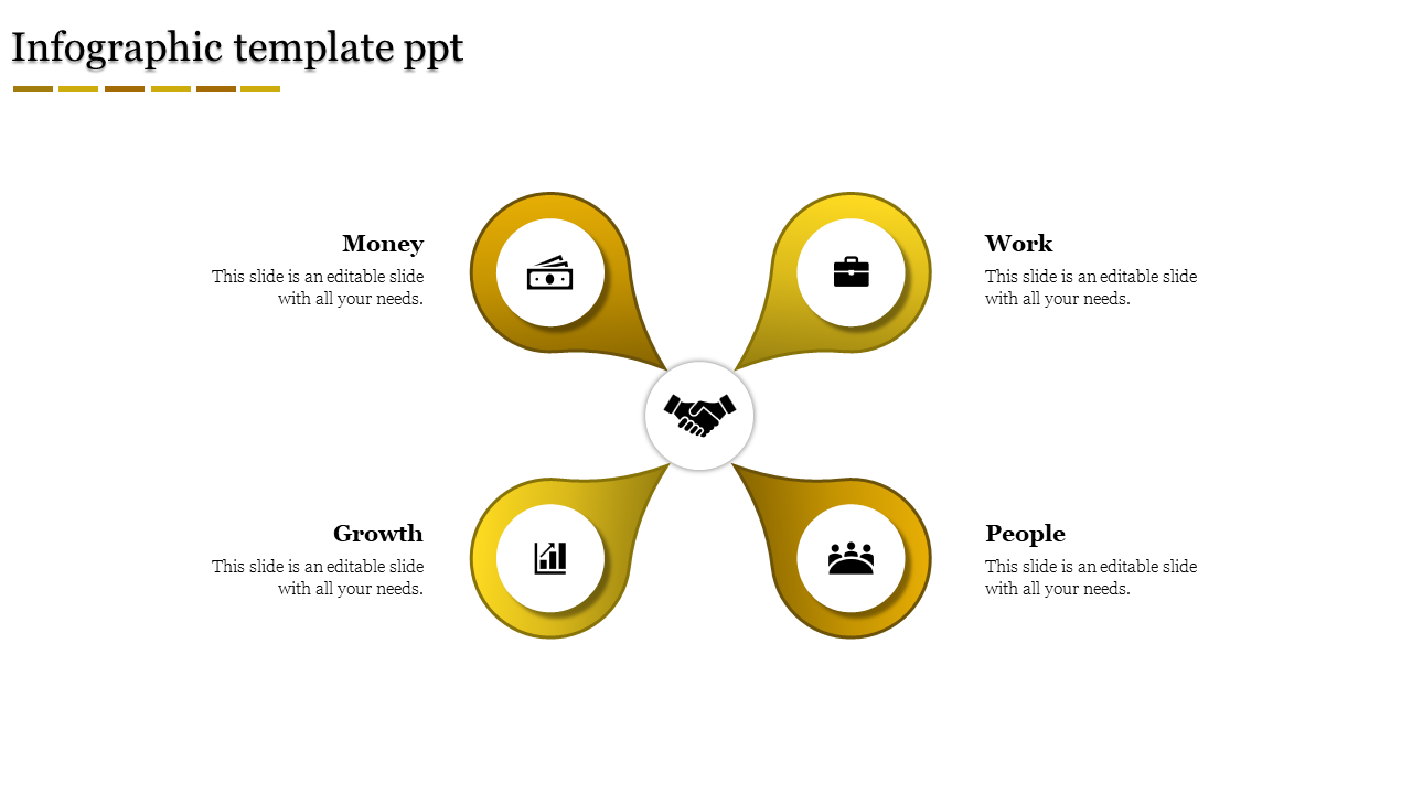 Four yellow teardrop shaped petals extend symmetrically from a central circle, forming a balanced infographic design.