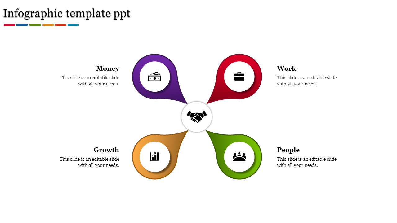 Business infographic with handshake icon and four colorful petal nodes for money, work, growth, and people.