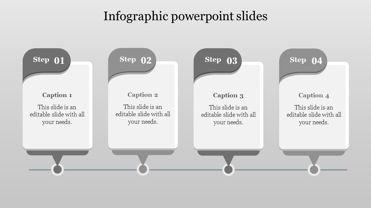 Gray infographic with four step cards arranged horizontally, each with captions and connected by a line and markers.