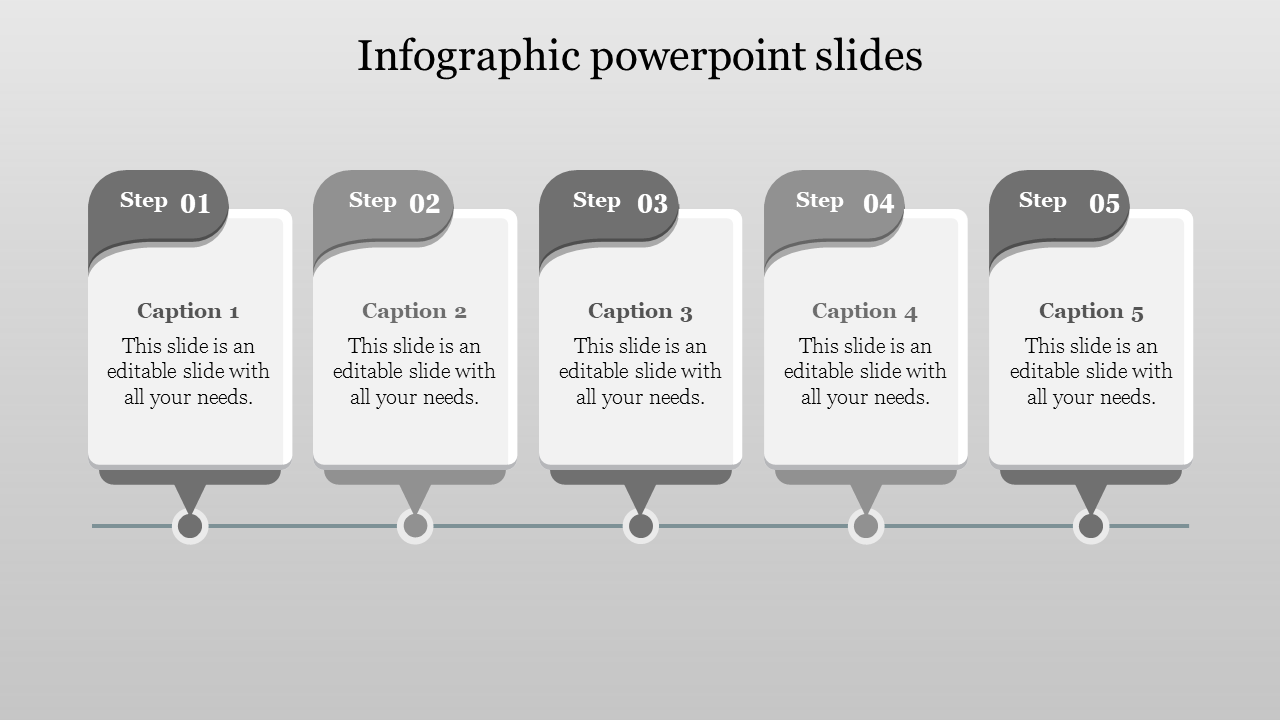 Gray themed infographic with five step based text boxes arranged in a horizontal line format.