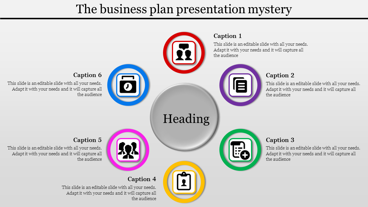 Colorful business plan PowerPoint slide with icons representing documents, people, and business tools arranged in a circle.