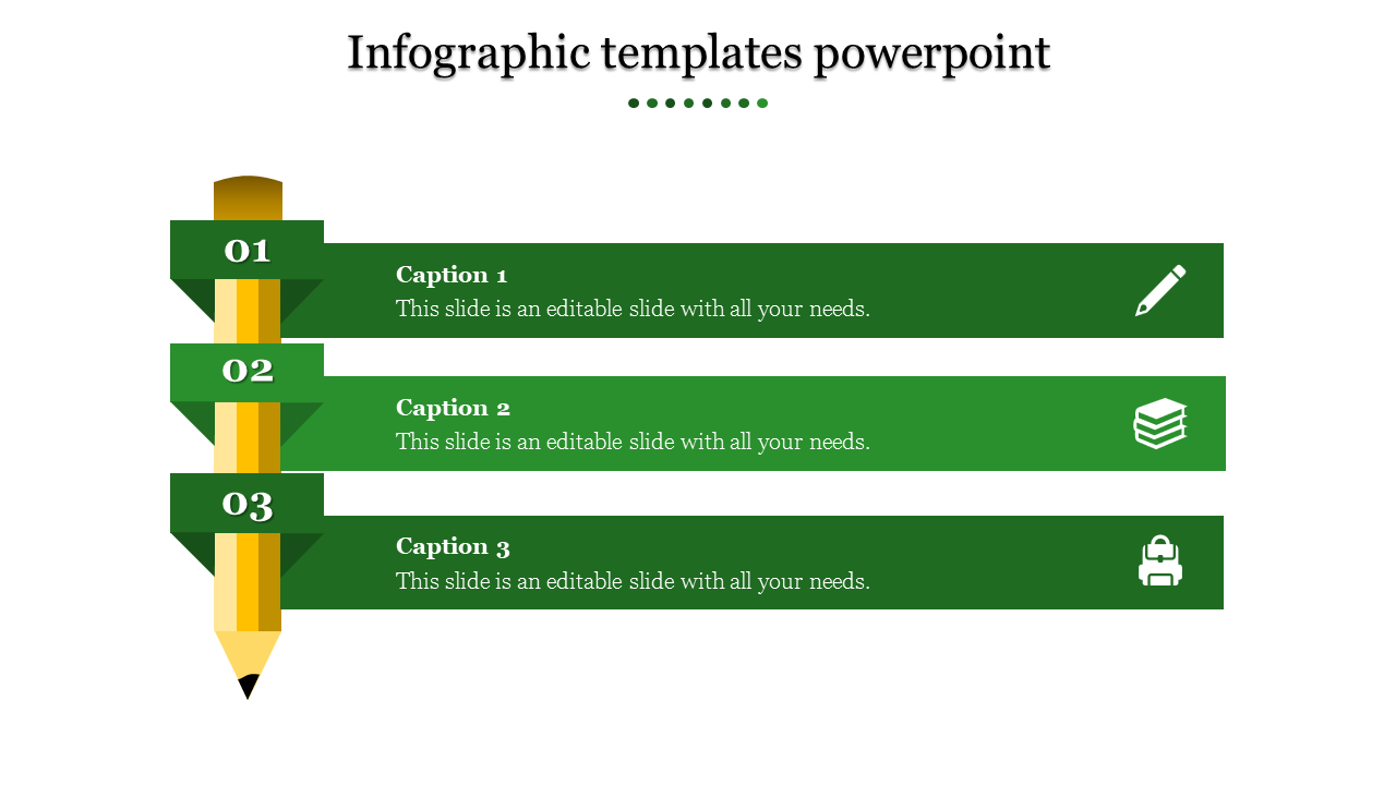 Green themed infographic slide with three numbered sections for captions, each with corresponding icons.
