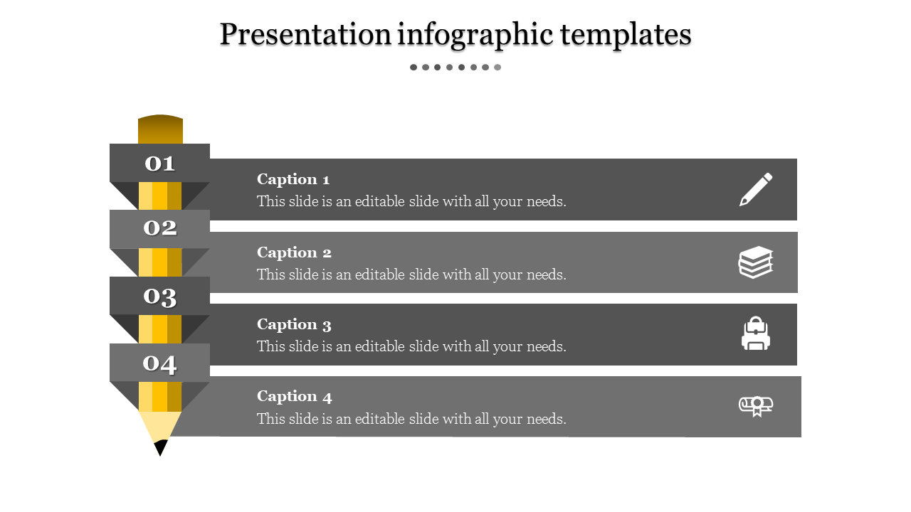 Gray infographic with a pencil shape dividing four numbered sections, each with captions and white icons.