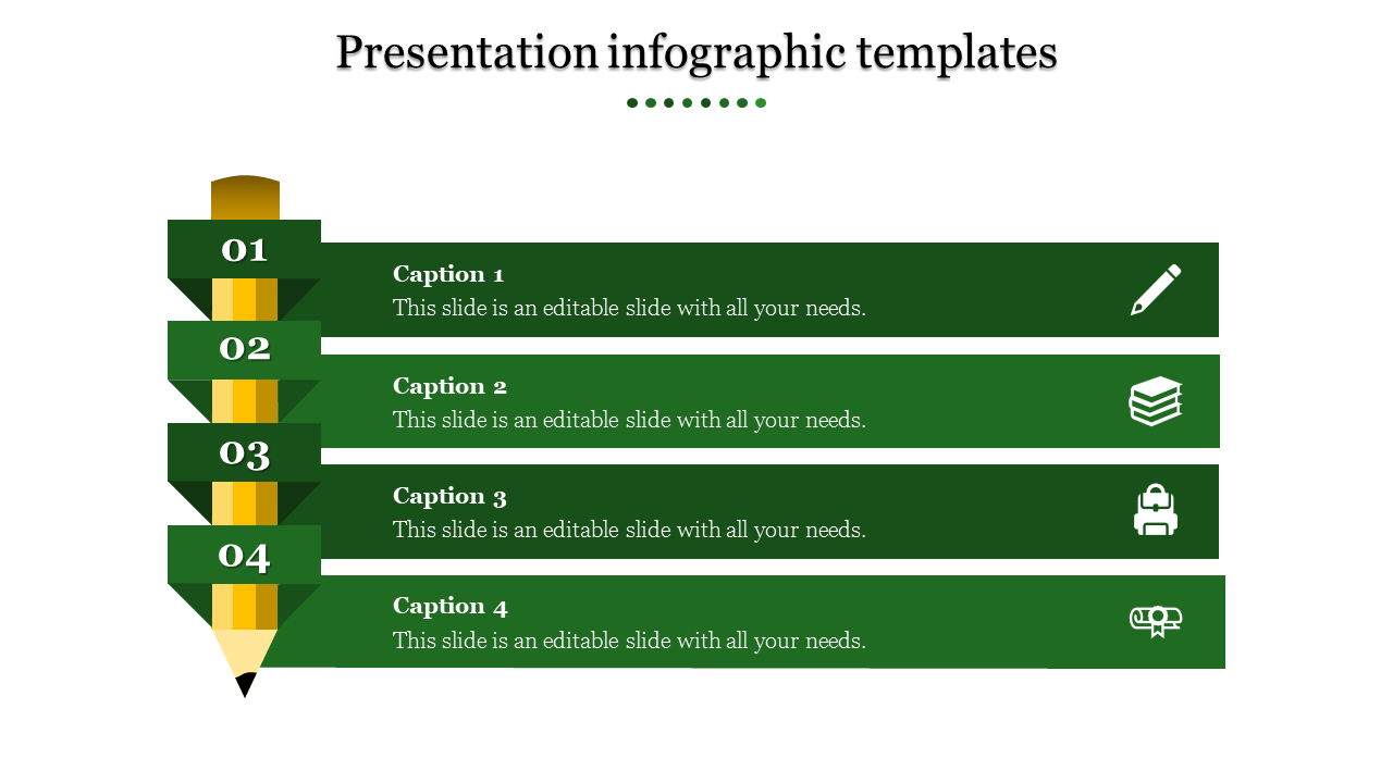 Fourstep infographic with green sections forming a pencil shape linked to captions areas and icons.