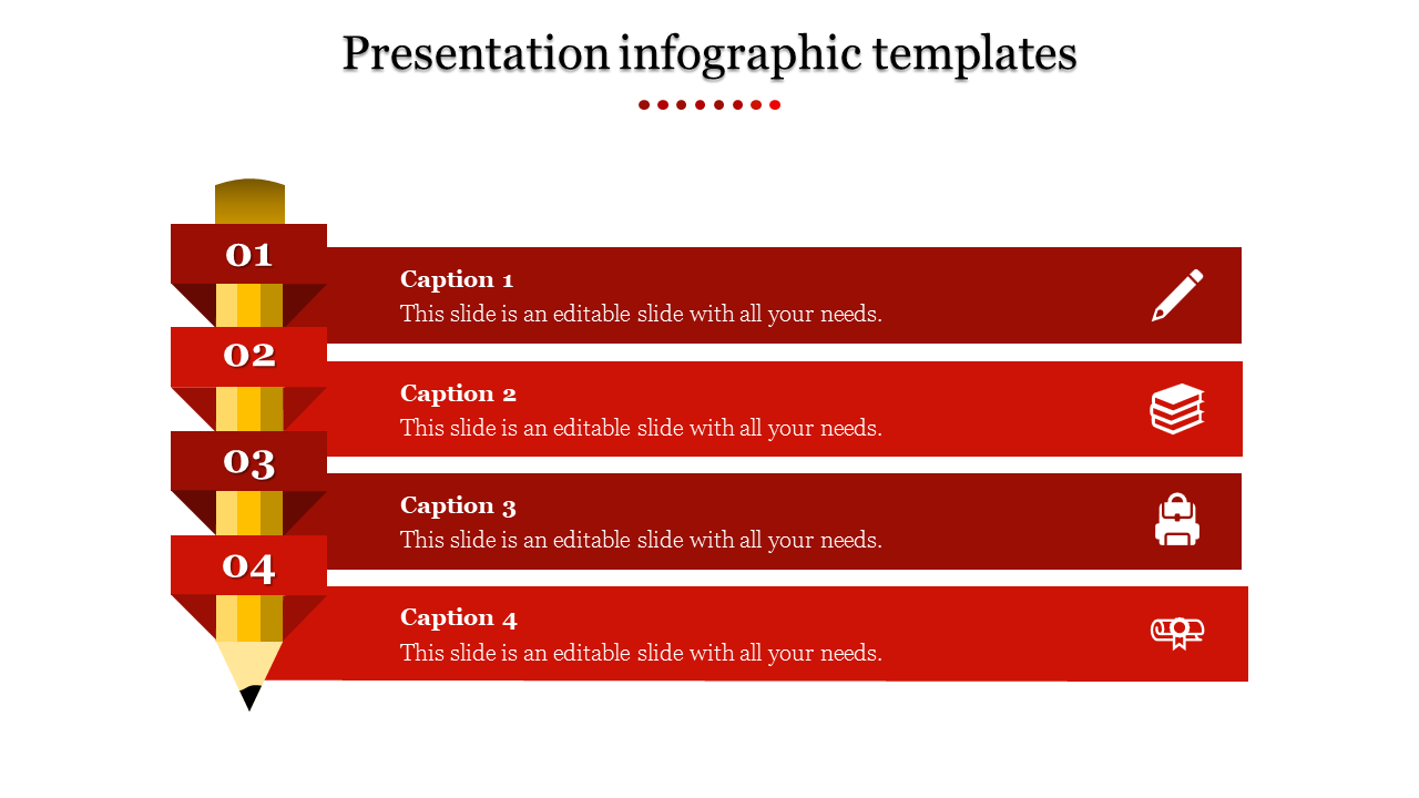 Vertical infographic with a pencil motif and four red blocks labeled with numbers and icons.