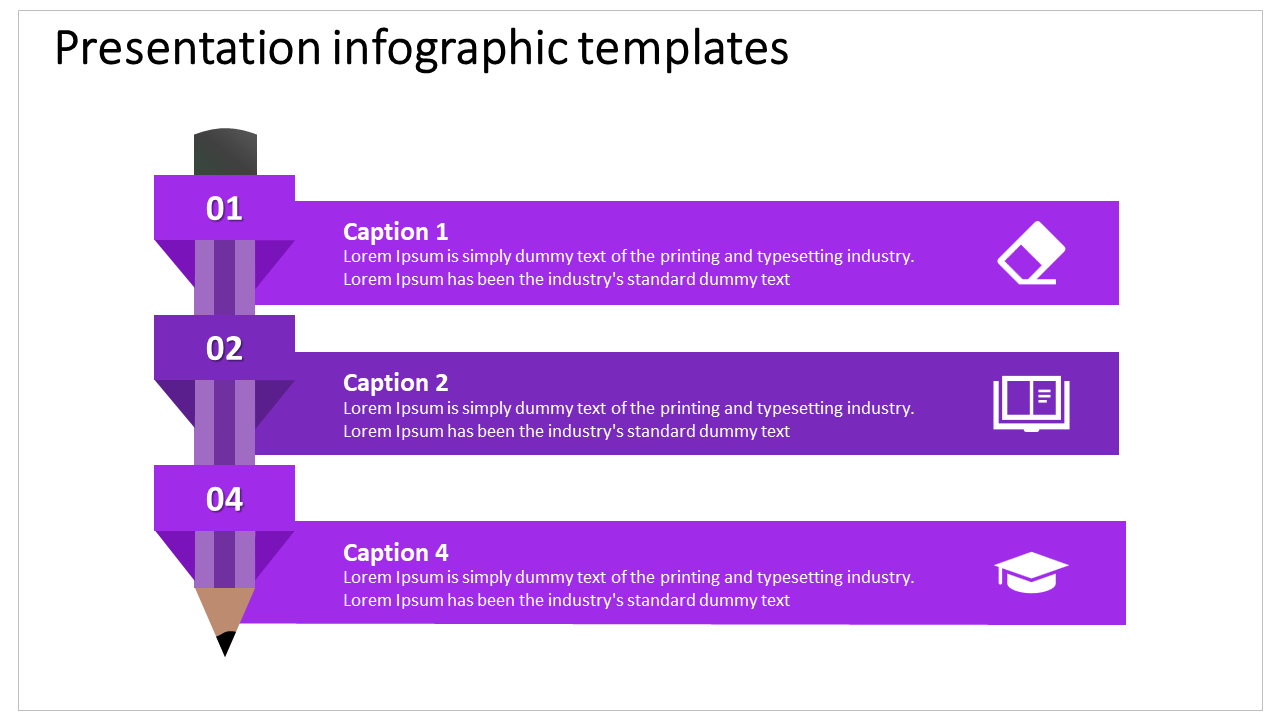 Four step infographic template with pencil on the left and purple banners for numbered captions and icons.