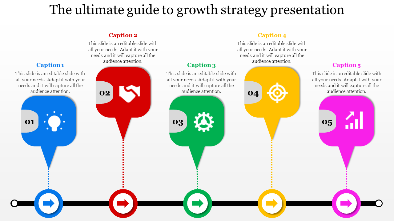 A growth strategy slide featuring five colorful icons with captions, each representing different stages.
