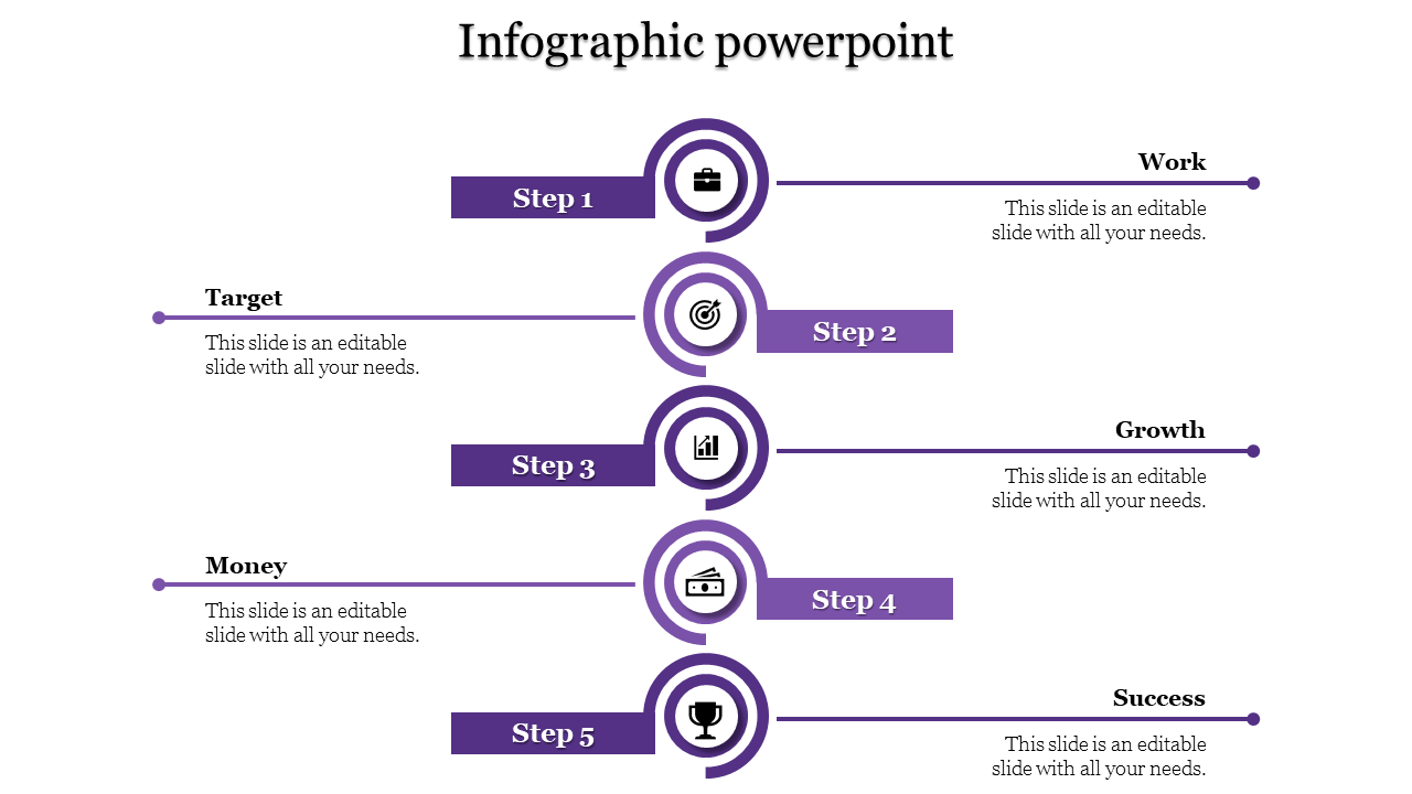 Five step infographic showcasing work, target, growth, money, and success with purple circular icons and horizontal layout.