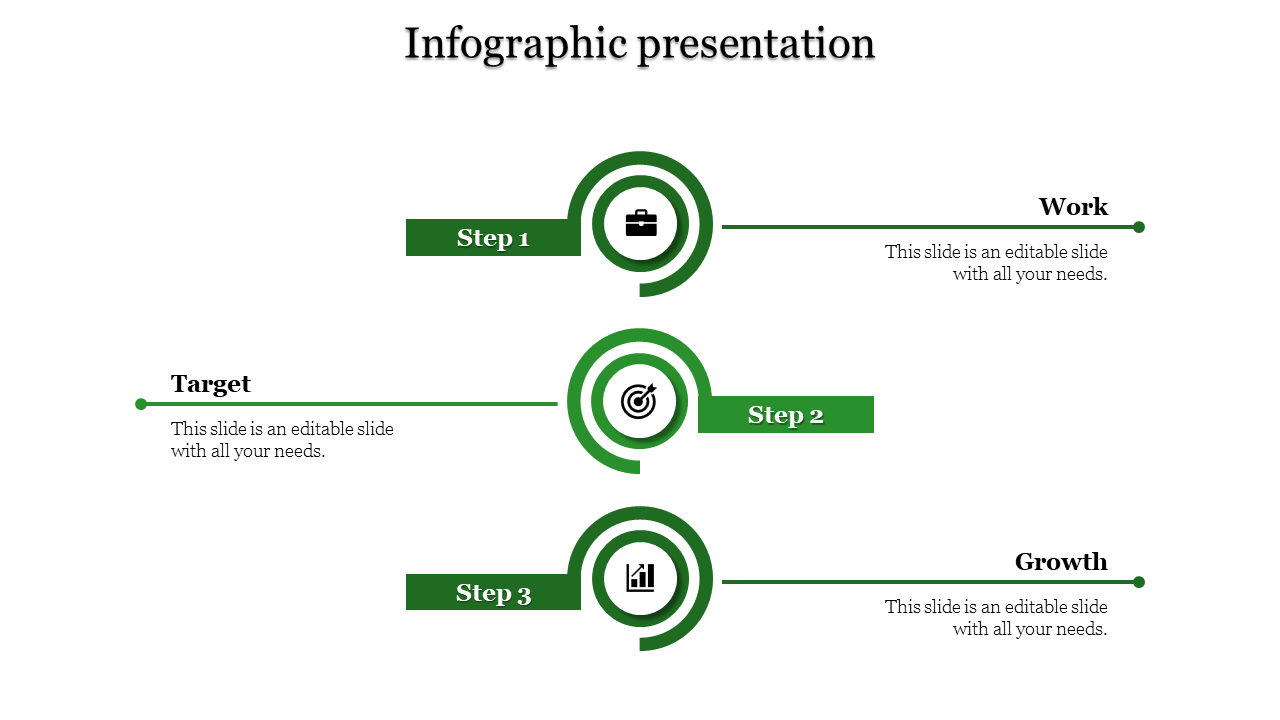 Three step green infographic with circular icons and horizontal connectors for Work, Target, and Growth.