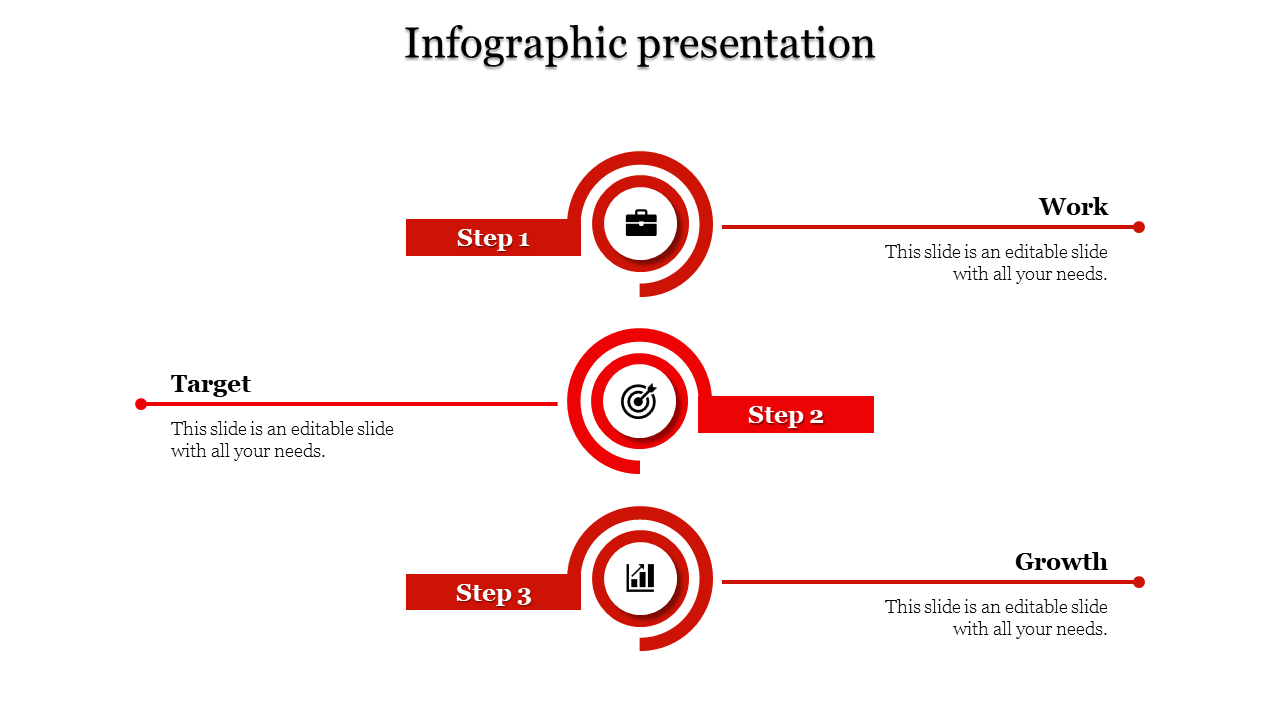 Red themed infographic with spiral icons for step 1, step 2, and step 3, linked to work, target, and growth.