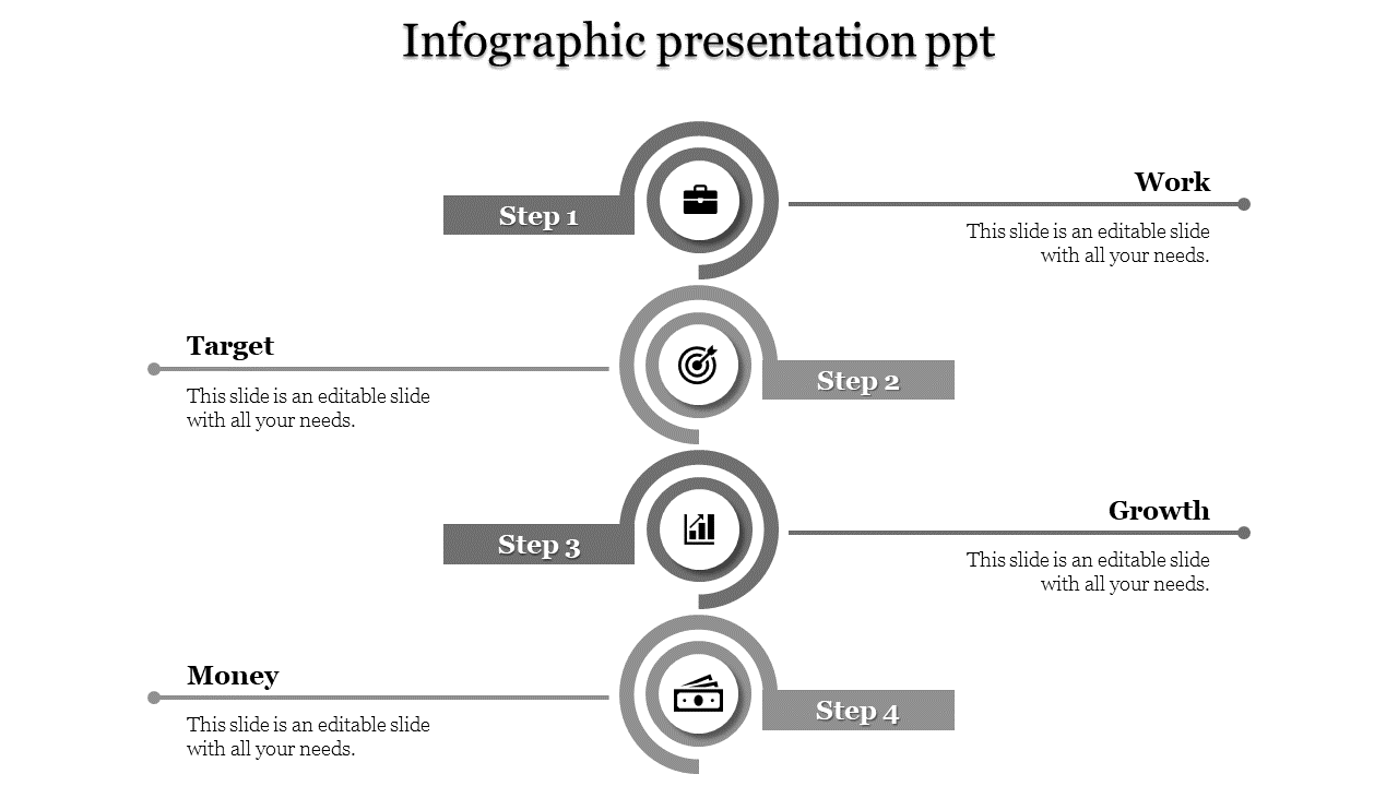 Infographic presentation slide with a four step vertical layout work, target, growth, and money, linked by gray circles.