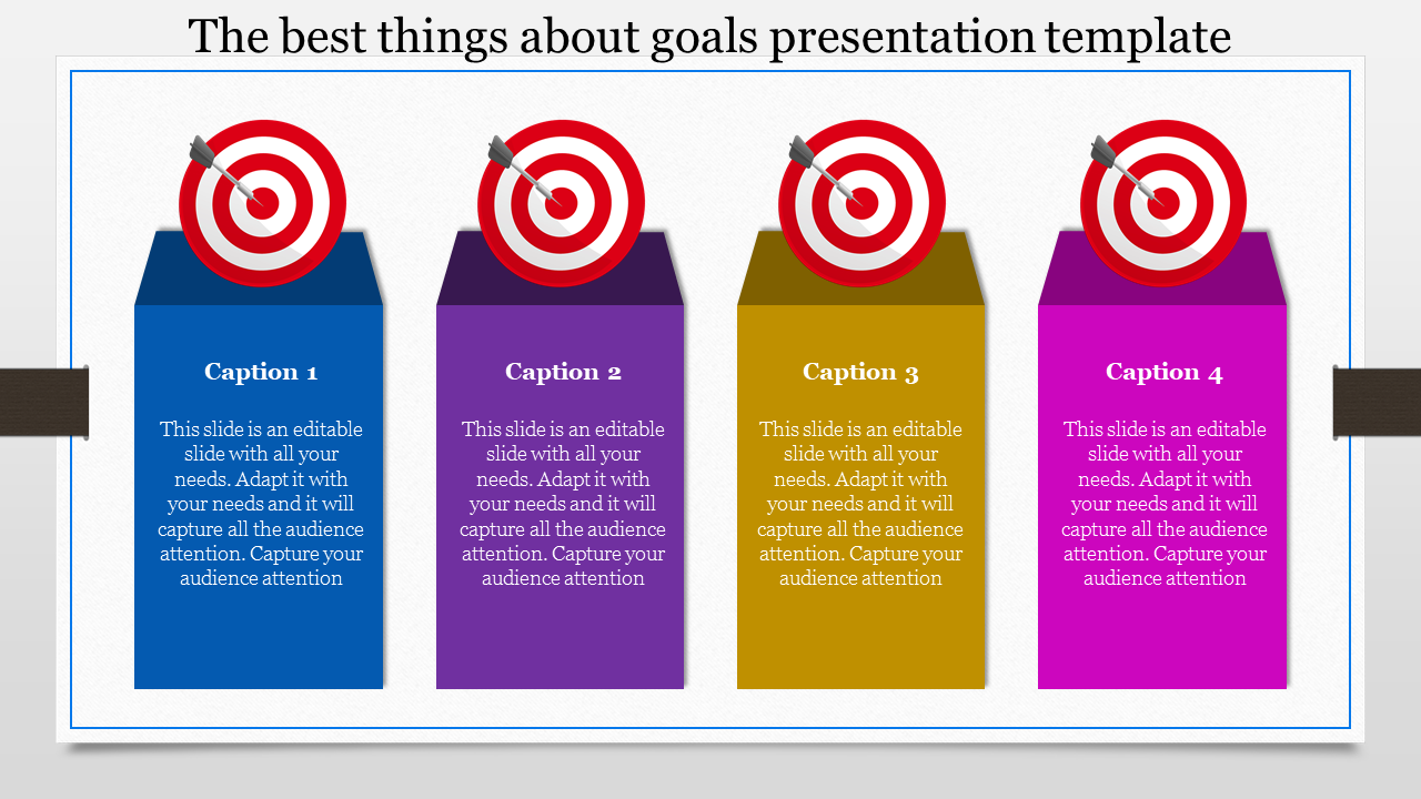 A goals presentation template with four colorful tags, each featuring a target symbol and captions.