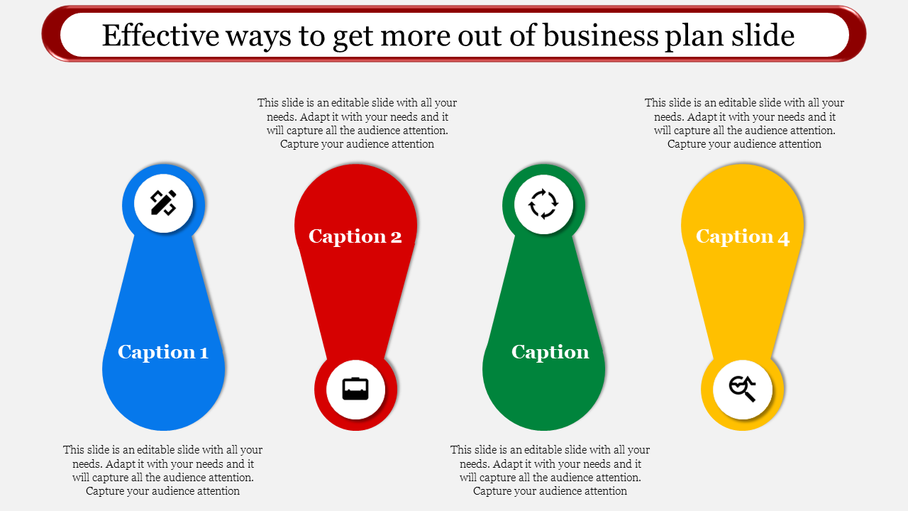 Business plan slide with four colored teardrop shapes, each representing a different section with an icon and caption.