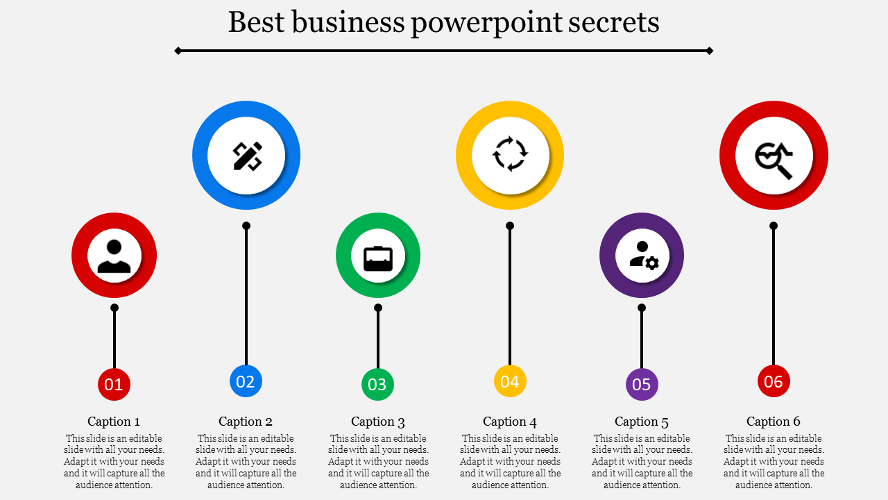 Business secrets timeline with six icons in colorful circles, linked to numbered captions below, labeled from 01 to 06.