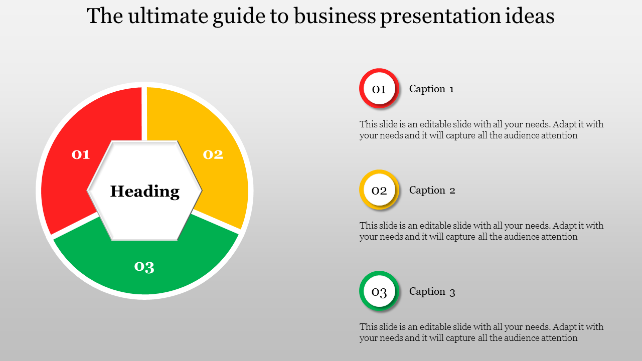 A vibrant PowerPoint template showcasing three distinct sections for text, with a hexagon in the center labeled Heading.