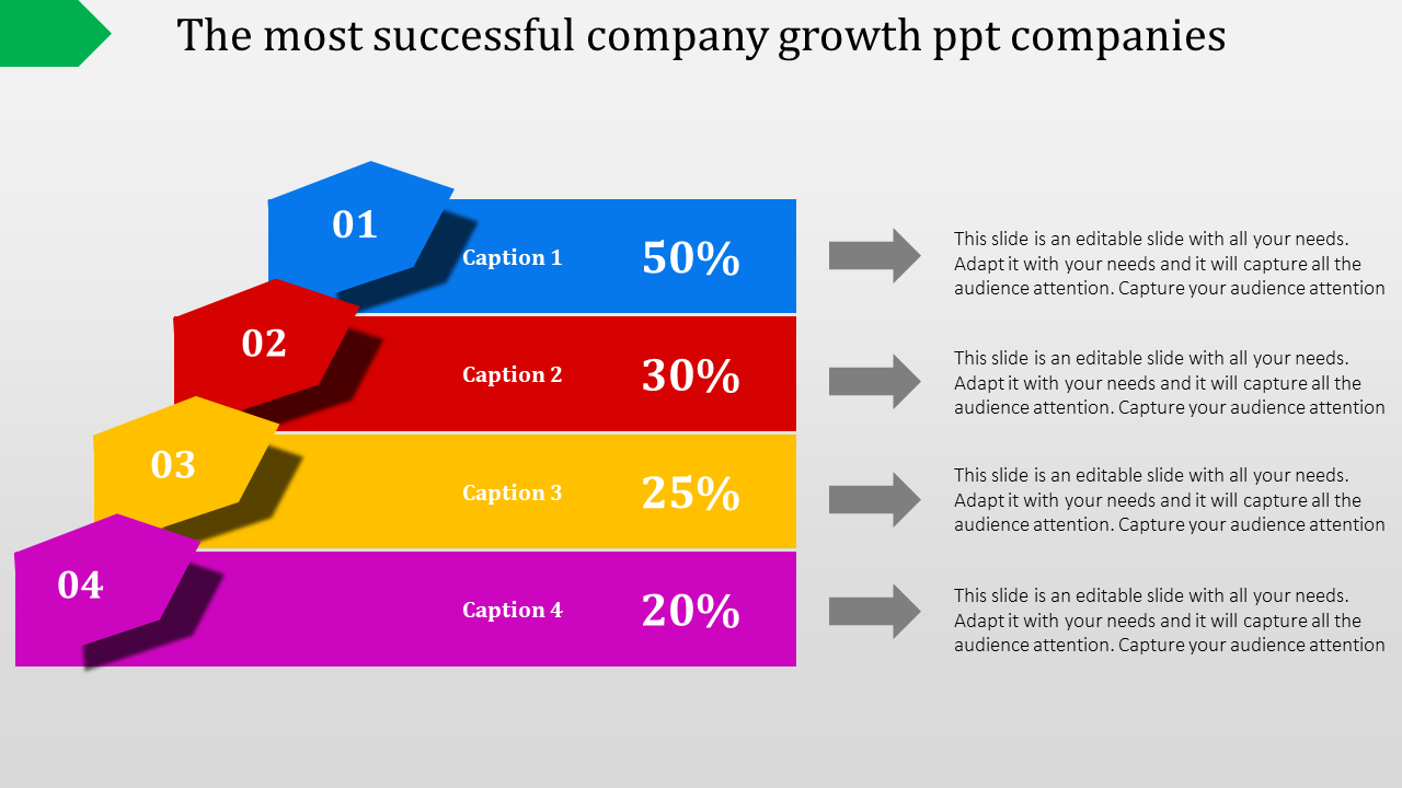 Four colorful captions with percentages in a company growth presentation template with placeholder text.