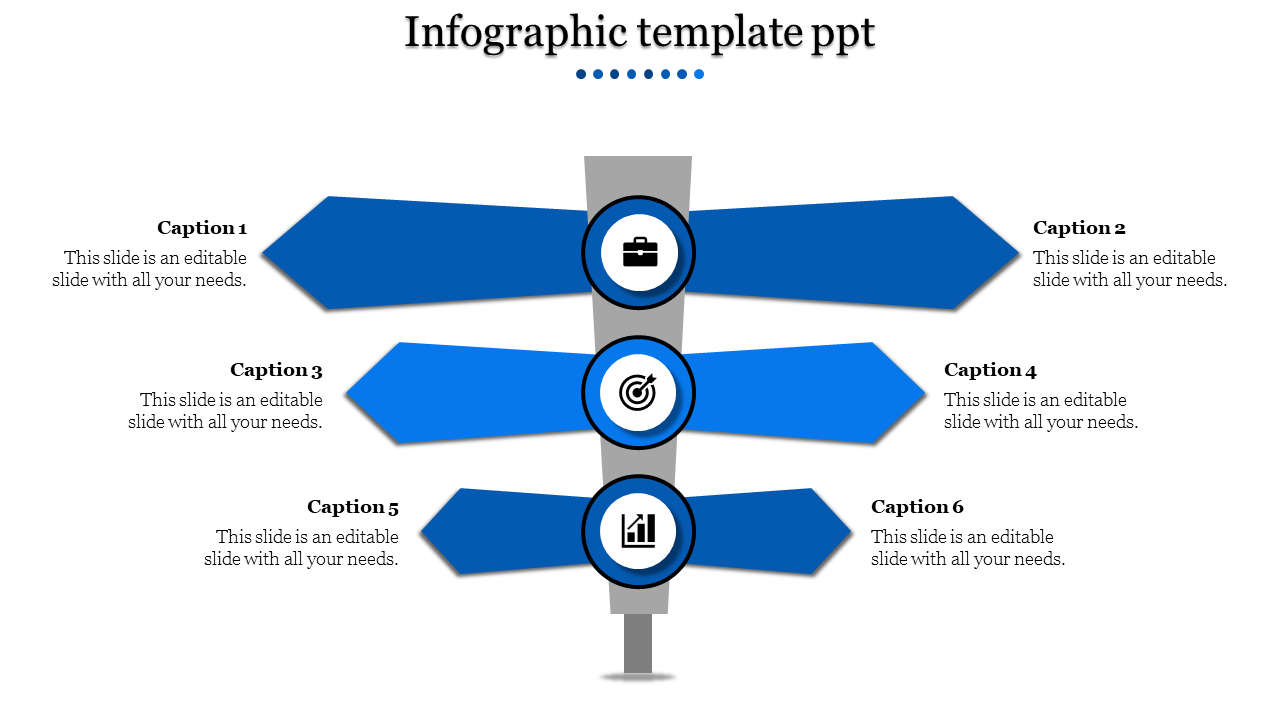 Vertical infographic with blue arrows connected to circular icons, arranged along a central gray line.