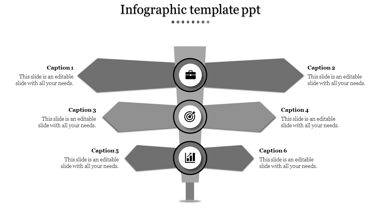Infographic PPT slide with alternating gray arrows displaying captions and icons for business, target, and growth concepts.