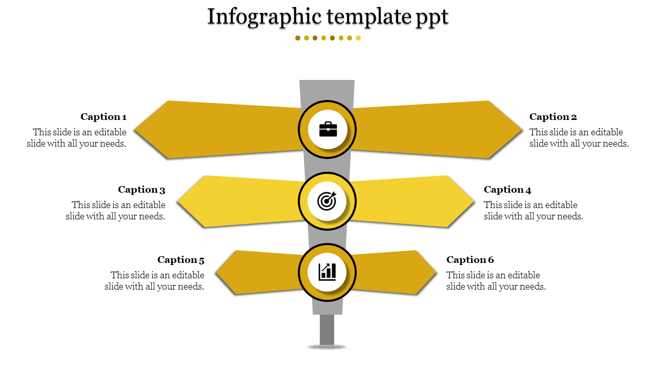 Infographic PPT slide with alternating yellow arrows displaying captions and icons for business, target, and growth concepts.