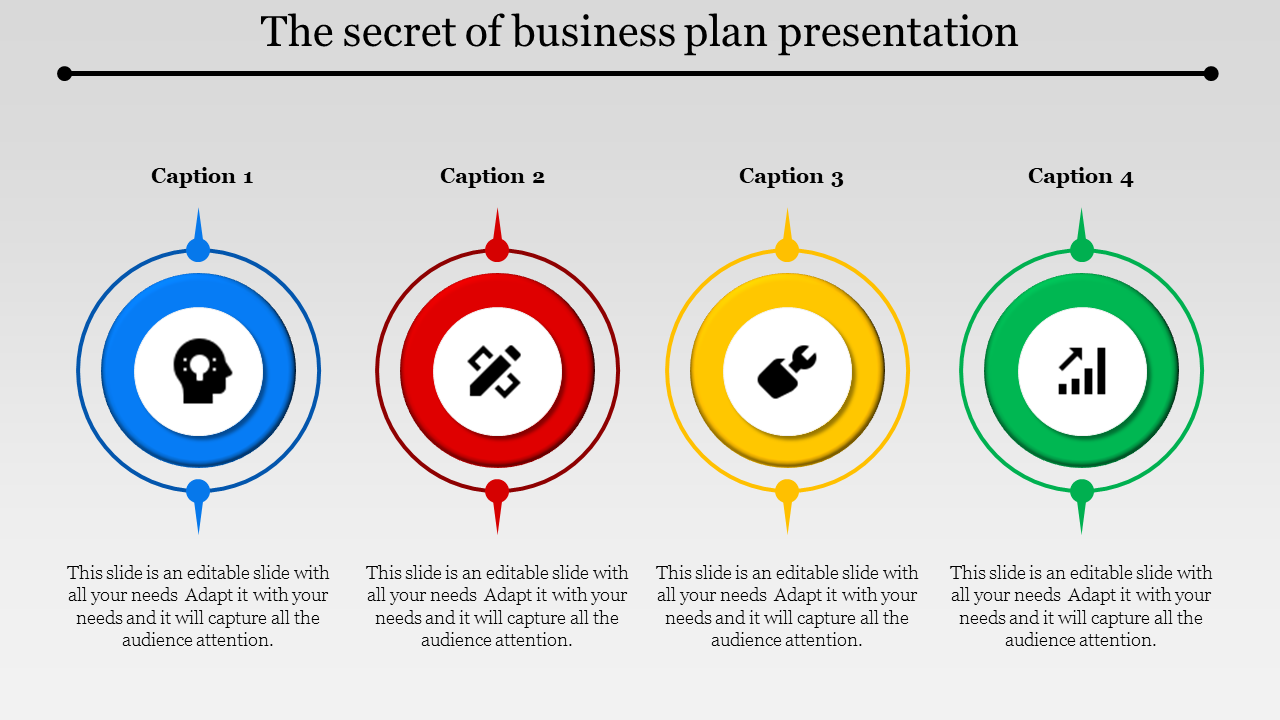 Template with four circular sections, each containing an icon and a Caption related to a business plan element.