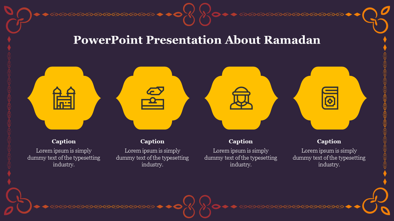 Ramadan themed PowerPoint slide with decorative icons and captions on a purple backdrop.