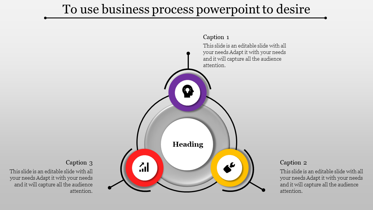 Circular layout slide with a central heading, surrounded by three colorful icons in purple, red, and yellow.