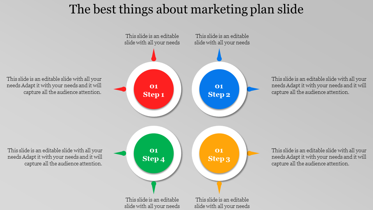 Marketing plan slide with four circular icons in red, blue, green, and orange, labeled 01 to 04.