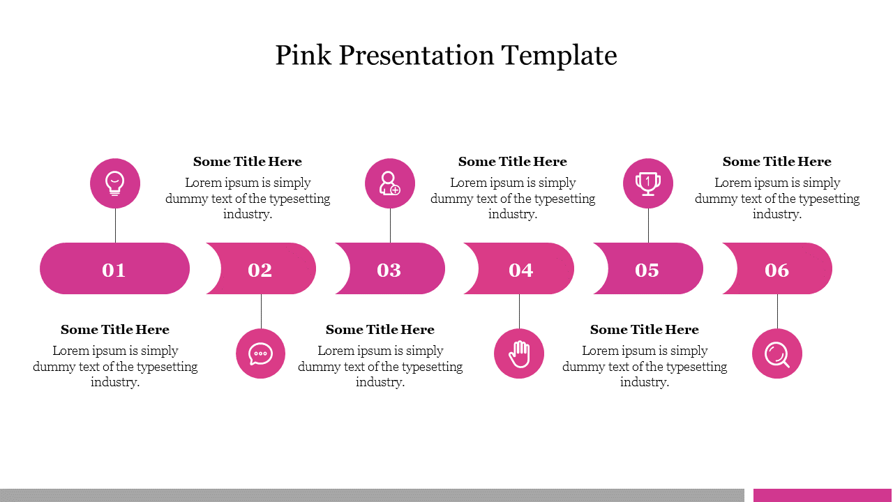 Pink timeline infographic with six rounded rectangles labeled 01 to 06, each linked to icons above and placeholder text.