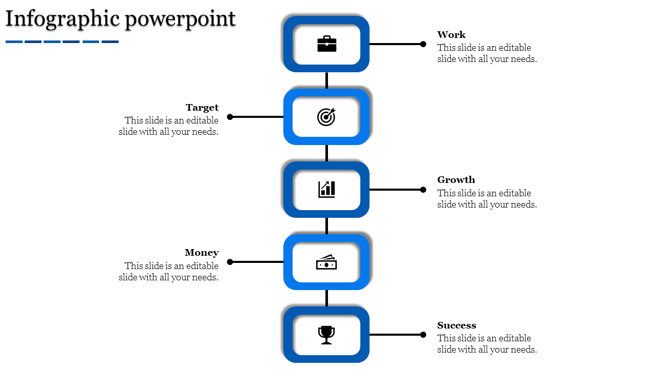 Infographic PPT slide with blue bordered rectangles showing steps from work to success, highlighted with icons and text.