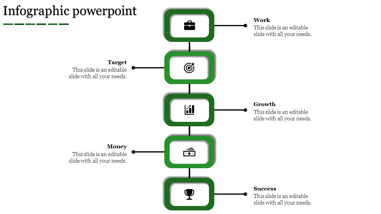 Vertical infographic with five green rectangular boxes containing icons for work, target, growth, money, and success.