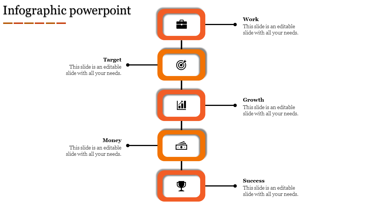 Infographic PPT slide with orange bordered rectangles illustrating work, target, growth, money, and success concepts.