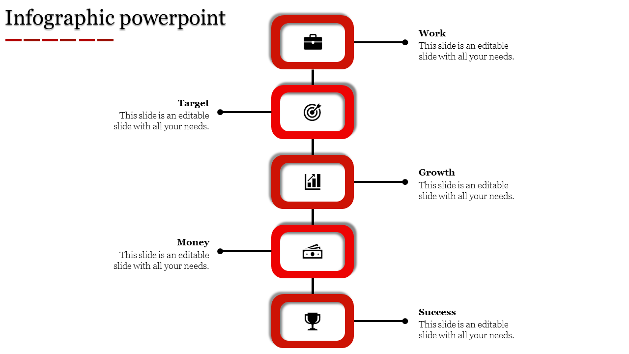 Five-step vertical infographic in red with icons for work, target, growth, money, and success linked to text labels.
