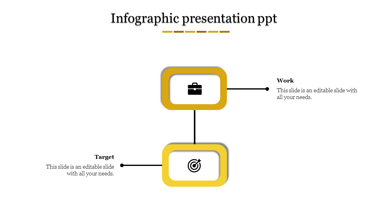 Vertical layout featuring two yellow shapes with icons and connecting lines, representing steps in a process.