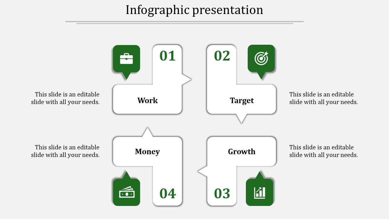 Infographic with four white arrow shaped boxes numbered 01 to 04 and paired with green icons, arranged in a grid layout.