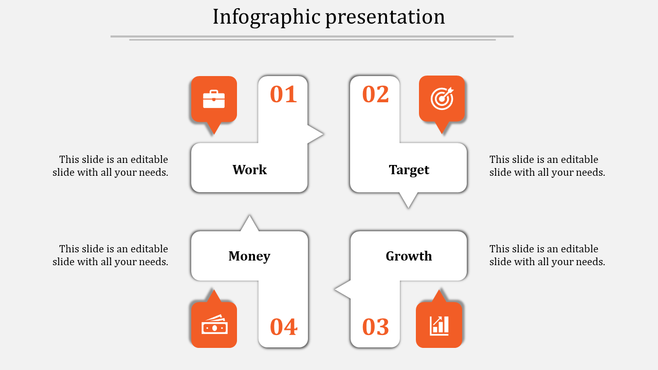 Template with four orange labeled icons and white boxes illustrating work, target, money, and growth.