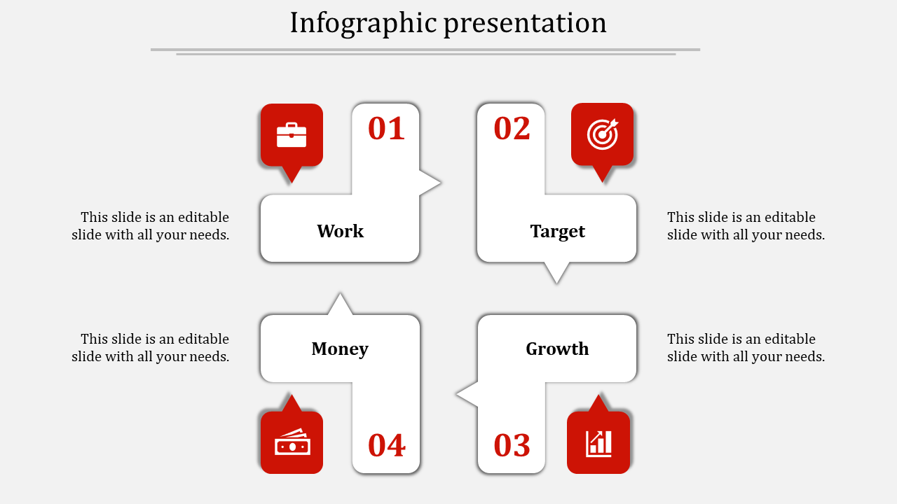 Four step infographic with numbered white boxes and red icons for business elements, aligned in two rows.