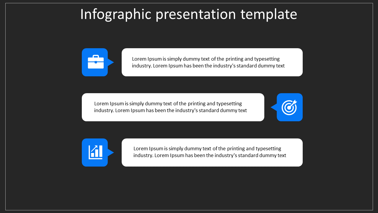 Infographic with three blue icons and white text boxes arranged alternately on a black background.