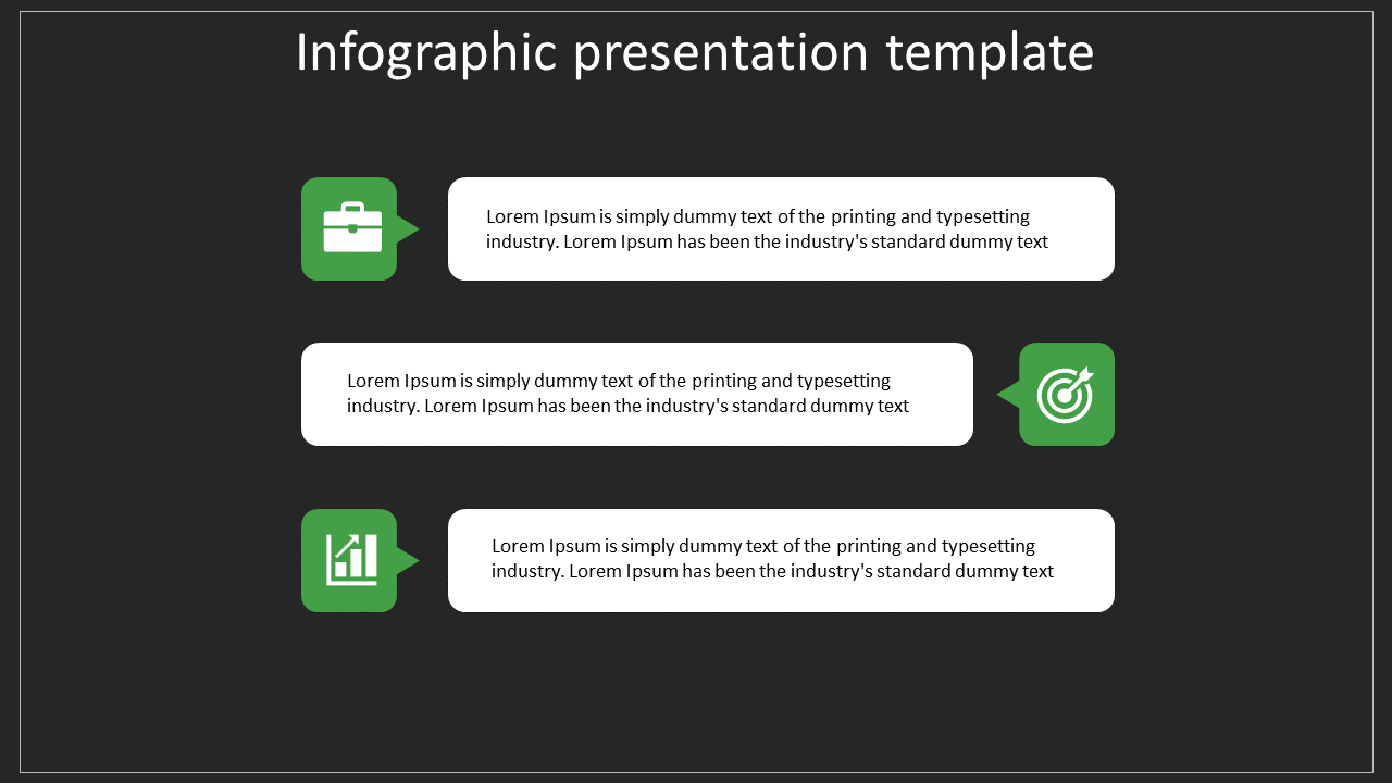 Infographic slide with three green icons briefcase, target, and growth chart, paired with text boxes on a dark background.