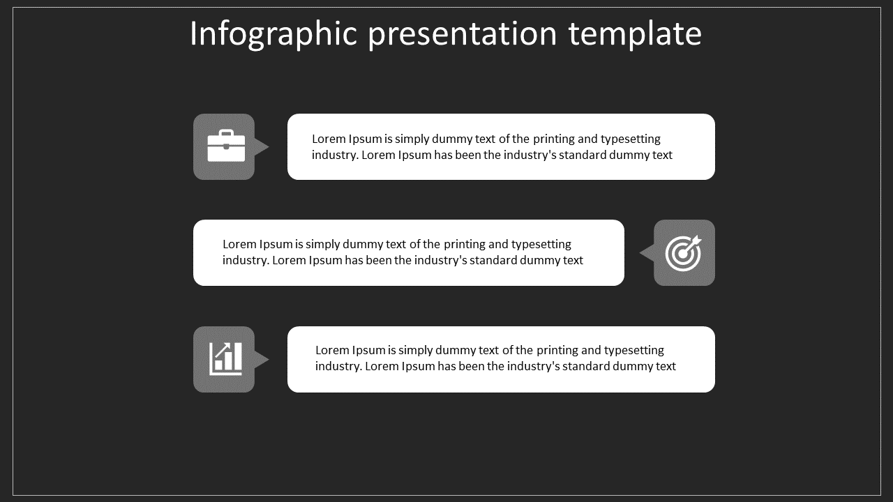 Three step infographic featuring gray icons connected to white text boxes on a dark background.