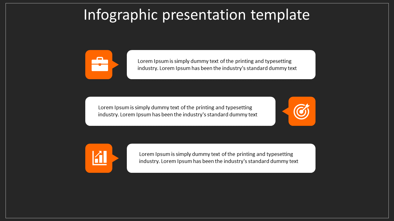 Dark themed infographic with three orange icons and white captions in alternating left and right alignment.
