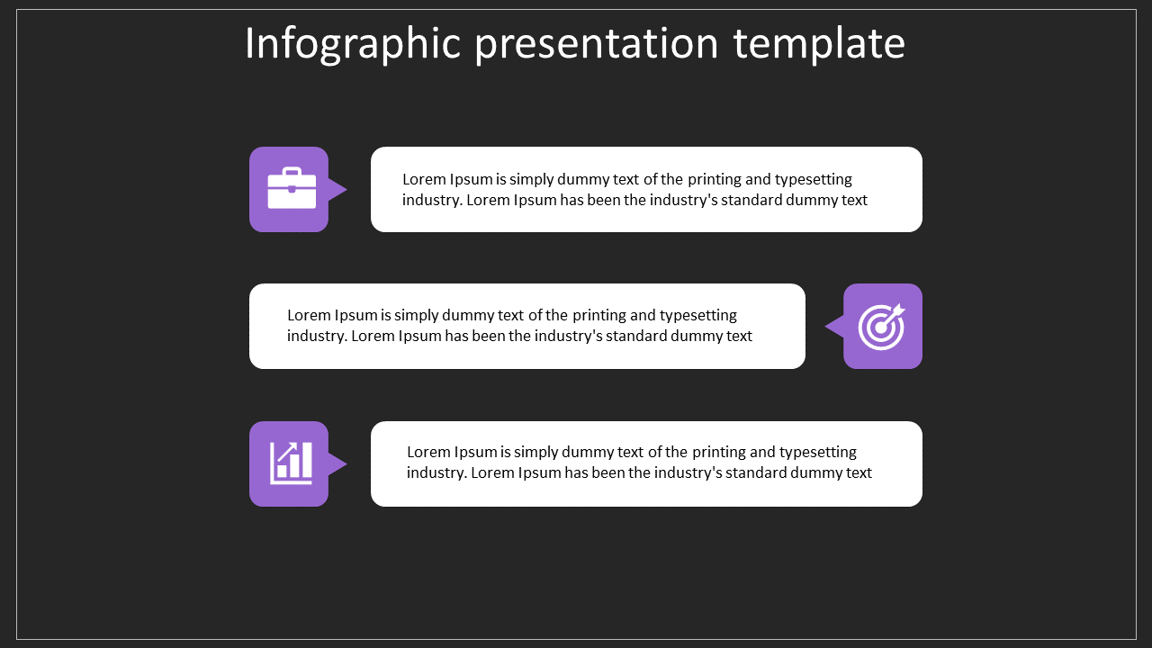 Three step infographic featuring purple icons connected to white text boxes on a dark background.