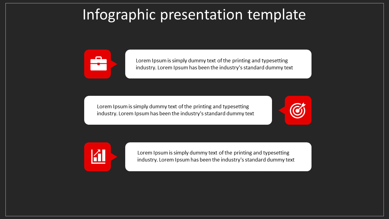 Infographic slide with three red icons briefcase, target, and growth chart, paired with text boxes on a dark background.