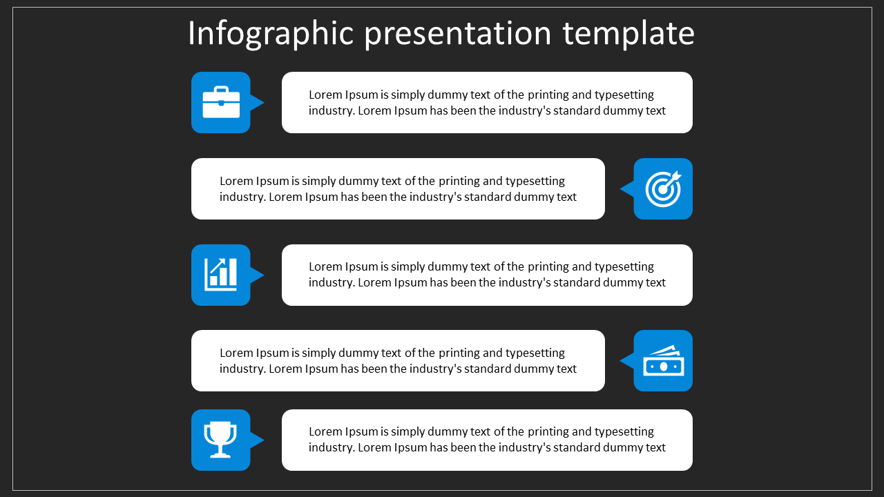 Infographic slide with 5 blue icons briefcase, target, growth chart, trophy, and documents, with captions and text boxes.