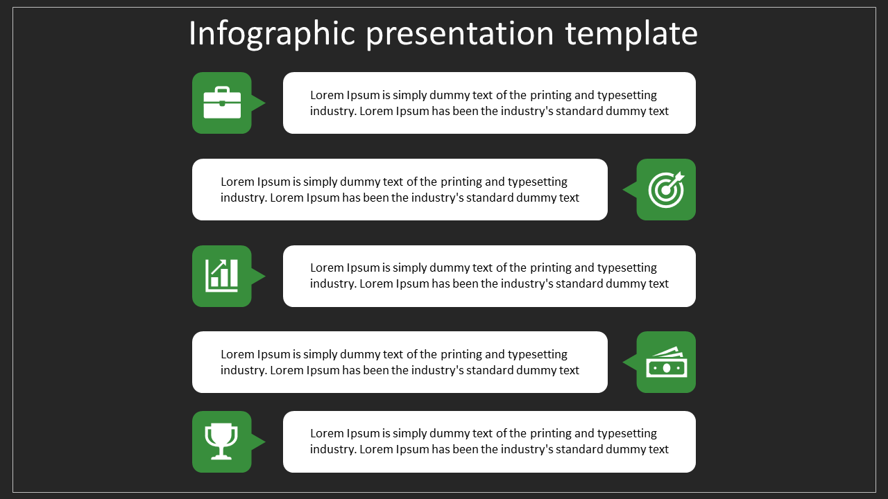 Vertical infographic template with green icons and white rectangular text boxes on a dark gray background.