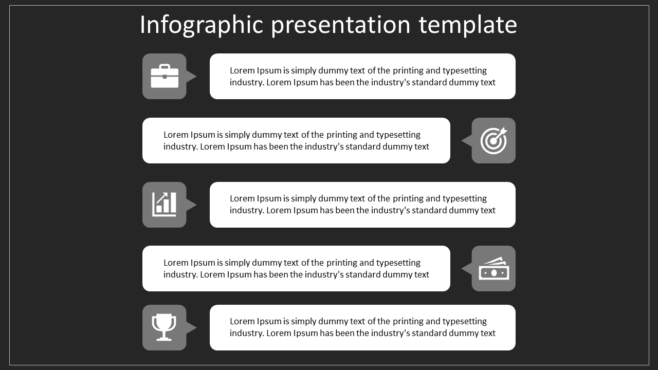 Five step infographic with gray icons and white text bubbles, arranged vertically on a black background.