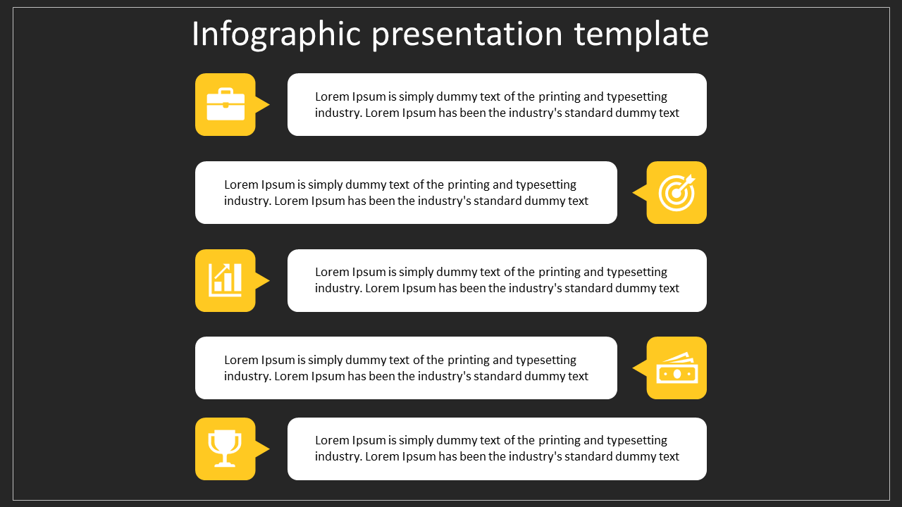 Infographic PPT slide with four yellow icons briefcase, target, growth chart, and trophy, paired with white text boxes.
