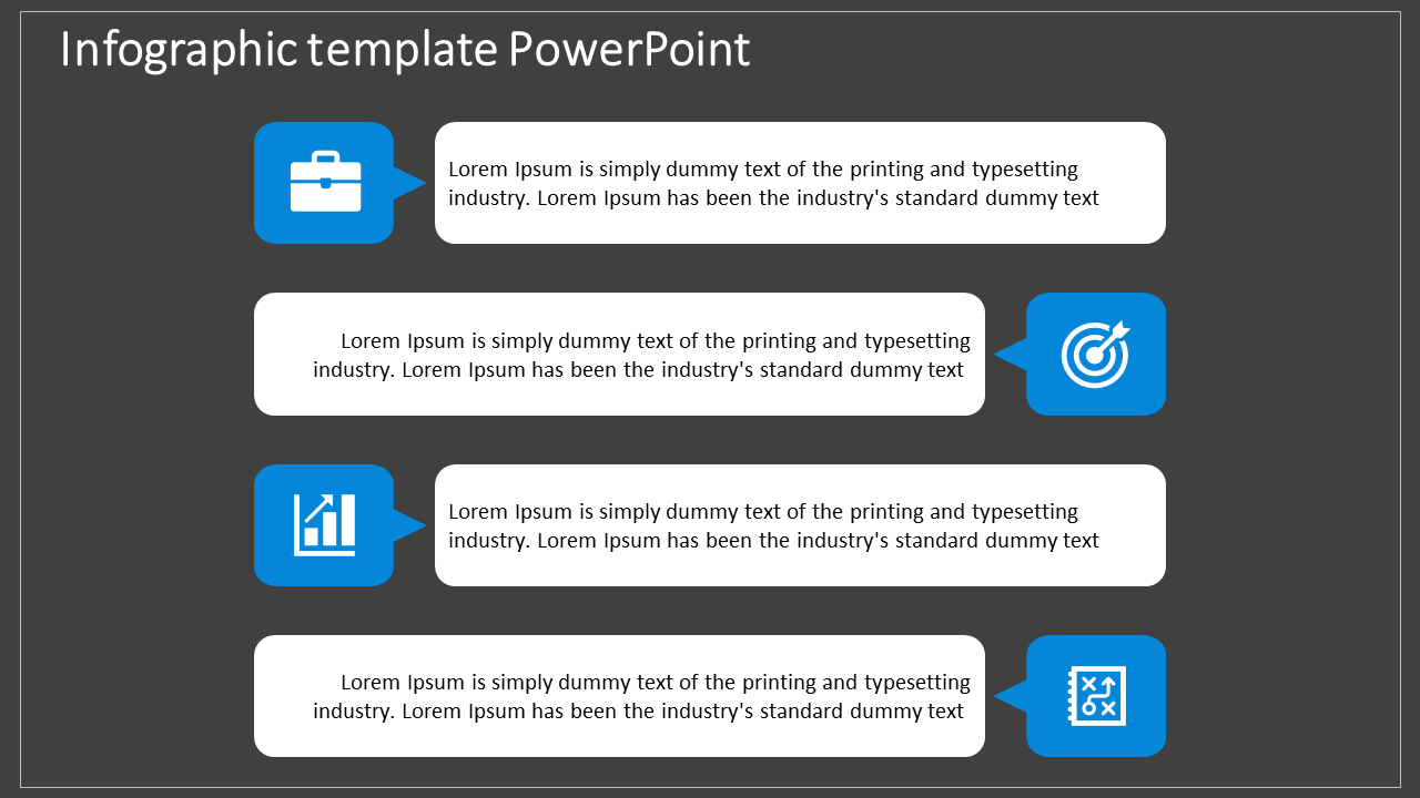 Vertical infographic template with blue icons and white rectangular text boxes on a dark gray background.