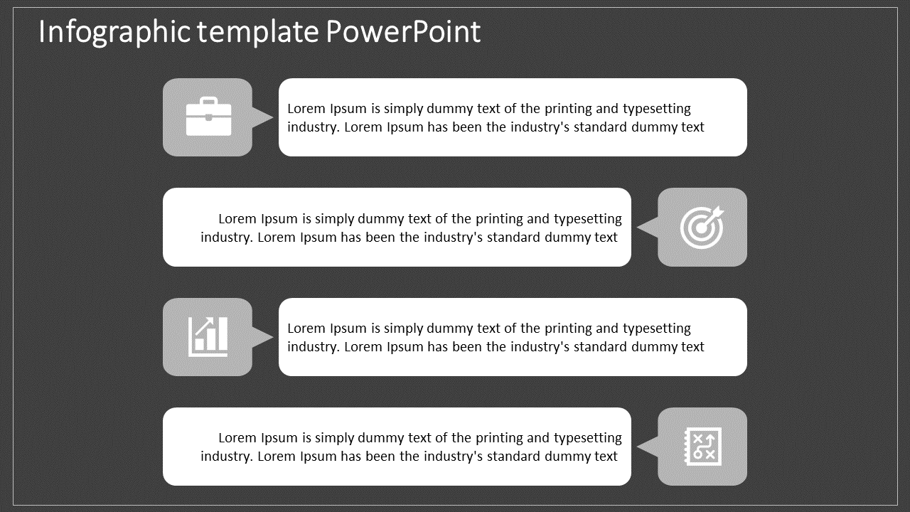 Infographic PowerPoint template with four gray icons briefcase, target, growth chart, and strategy, paired with text boxes.