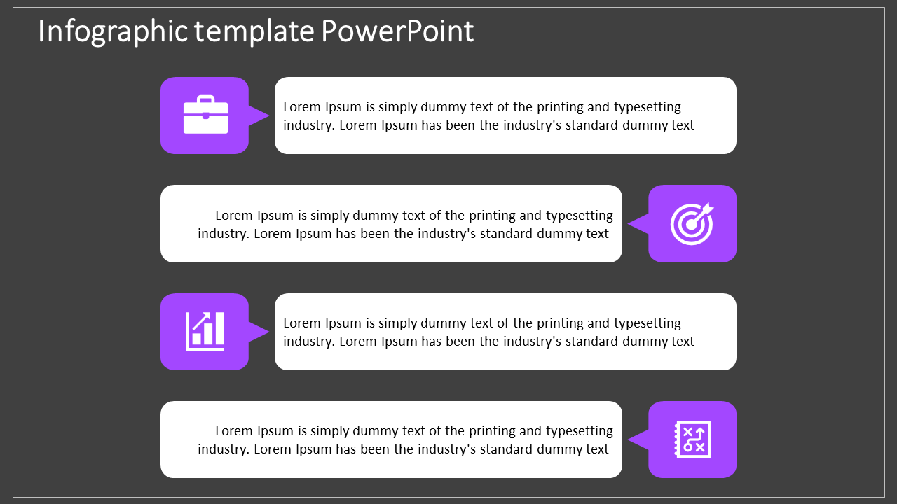 Vertical infographic template with purple icons and white rectangular text boxes on a dark gray background.