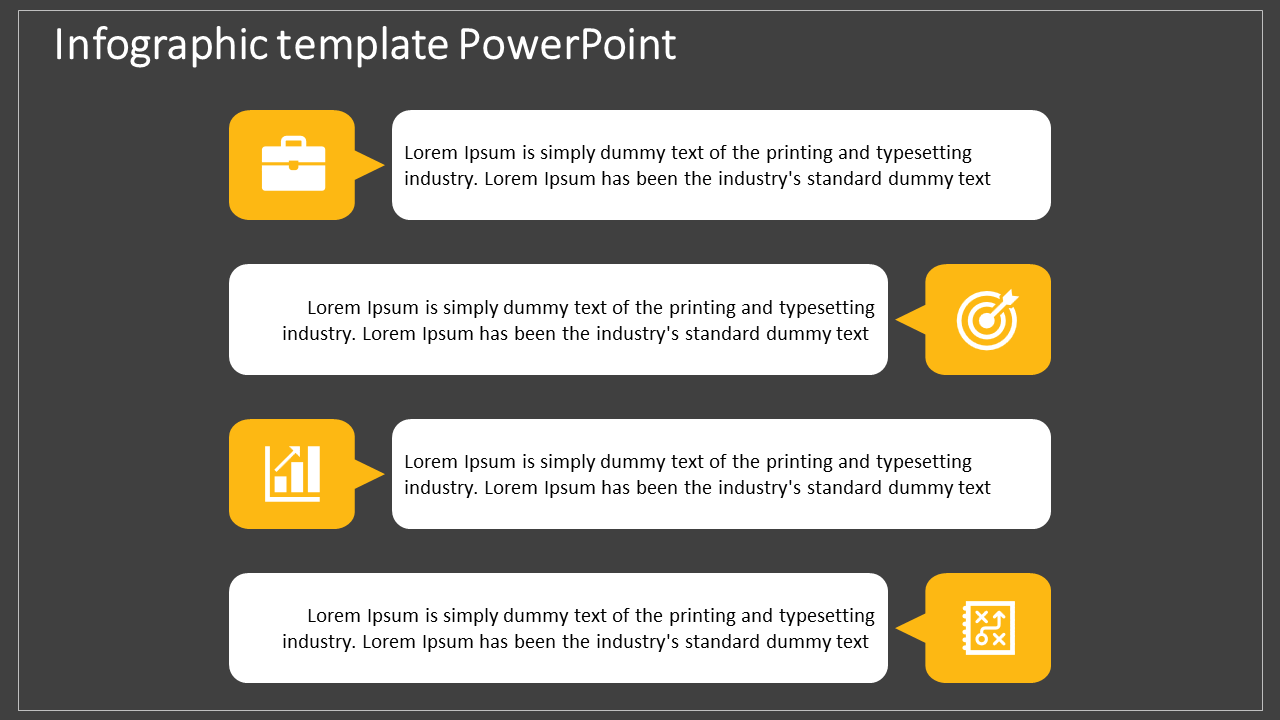 Dark gray layout with four yellow icons aligned alternately with white text blocks, displayed vertically.